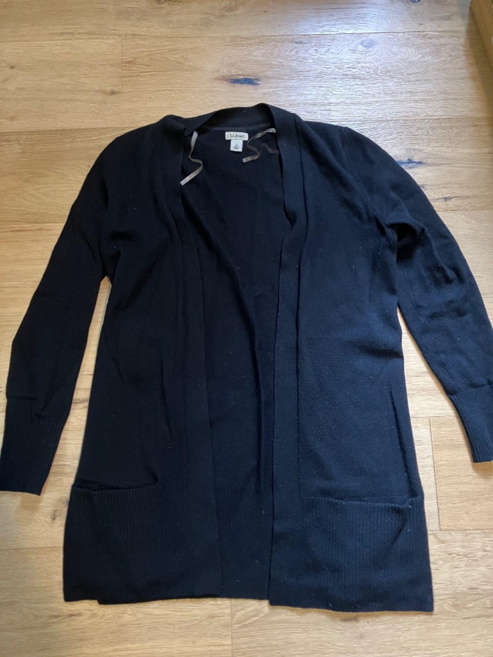 LL Bean Size Small 100% Cashmere Open Front Cardigan Sweater Black with Pockets